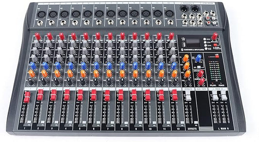 Pro 12 Channels Live Audio Mixer Bluetooth USB DJ Sound Mixing Console with 3 Stage Equalization Regulate 6 Modes Of Music for Family Ktv,Campus Speech,Meeting