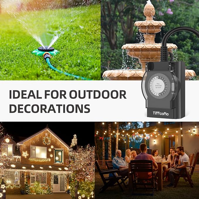 Outdoor Timer Outlet Waterproof, 24 Hour Mechanical Light Timer Outdoor, 2 Grounded Outlets for Home and Garden, 15A 1/2HP, Heavy Duty, ETL Listed (1 Pack)