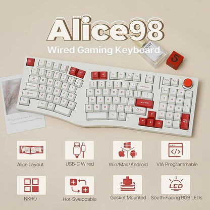 Feker Alice98 Ergonomic 98 Keys Custom Mechanical Keyboard, VIA Programmable, USB-C Wired Gaming Keyboard, Hot Swappable, 5 Layer Paddings, Control Knob, NKRO, RGB for Win/Mac (Beige)