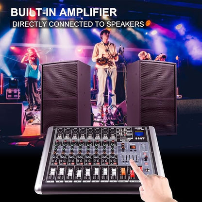 Mixers Audio 8 Channel Mixer Power Mixer Amplifier 2 * 300 Watt Output Dj Mixer Board with 16 Kinds of DSP Reverb Sound Mixers for Speakers