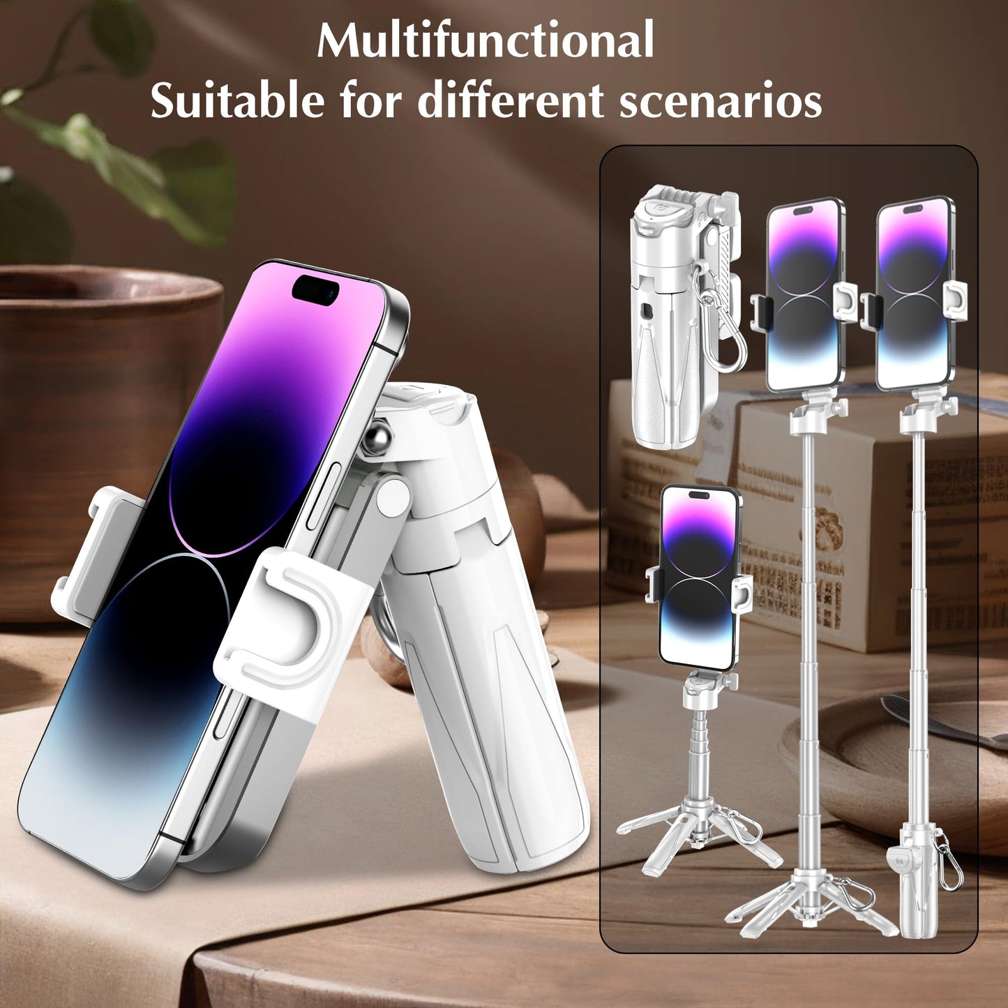 Mini Selfie Stick Tripod, 41.5cm Extendable Grip Phone Tripod with Detachable Remote Pocket Size, 4-in-1 Mini Phone Grip, 10m Wireless Shutter, Vlog Livestreaming Photography （White）