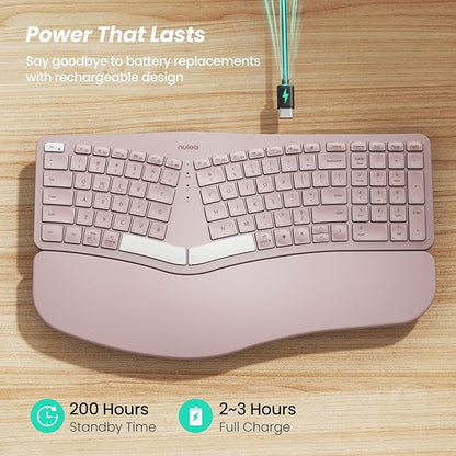 Nulea RT05 Wireless Ergonomic Keyboard, Split Keyboard with Wrist Rest, USB-C Charging, 7-Color Backlight, Natural Typing, Bluetooth and USB Connectivity, Compatible with Windows,Mac(Pink)