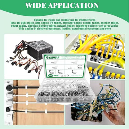 800Pcs 4mm 6mm 8mm 10mm J-Hook Ethernet Cable Nails Wire Clips with Steel Nails and 5/8" 3/4" 1/2" 1" Insulated U Staple Nail for Home Office Business