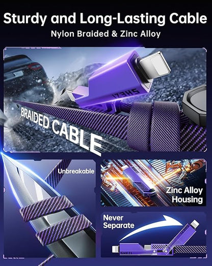 SHEZI [Upgraded 2.0] 4-in-1 Long USB C Cable 60W 10FT Fast Charging [480Mbps Data Sync] Flat Nylon Braided Charger Cord Combo, USB A/C to C/L Multi Charge Cable for iPhone/iPad & Most Devices, Purple