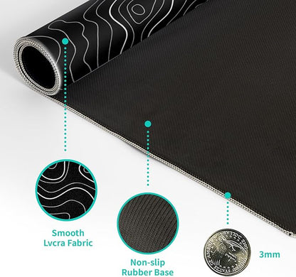 Topographic Contour Black Gaming Mouse Pad XL Geographic Map Lines Extended Big Large Desk Mat Non-Slip Rubber Base Stitched Edge Long Keyboard Mousepad for PC Computer Laptop,31.5x11.8 Inch