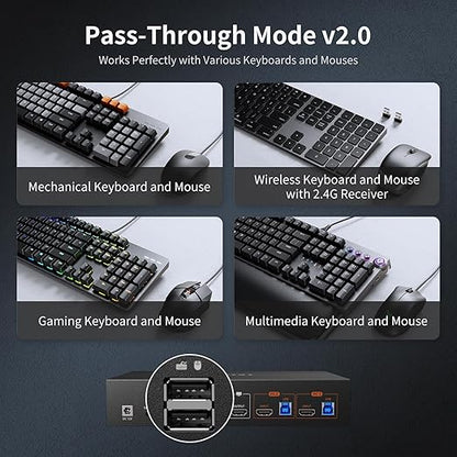 TESmart 8K@60Hz HDMI KVM Switch 2 Computers 1 Monitor, USB 3.0 HDMI KVM Switch 2 Ports 4K@144Hz, Support EDID, Gigabit Network, Hotkey Switch, Audio & Mic with All Input Cables