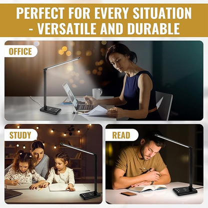 LED Desk Lamp with Wireless Charger – Touch Control Dorm Desk Lamp with USB Charging Station, 3 Color Modes & 5 Brightness Levels, Ideal for Home, Office, Bedroom, Study Area, & College Dorm, Black