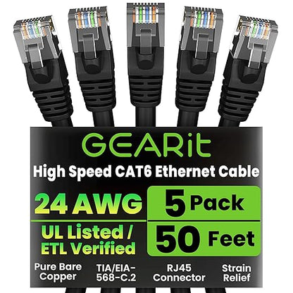 GearIT Cat 6 Ethernet Cable Pack - 5-Pack 50 ft Cat6 Ethernet Patch Cables | RJ45 Network Patch Cable, 10 Gbps Snagless Gold-Plated Connectors - Ethernet Cable Cat 6 for PC, TV, Router - Black
