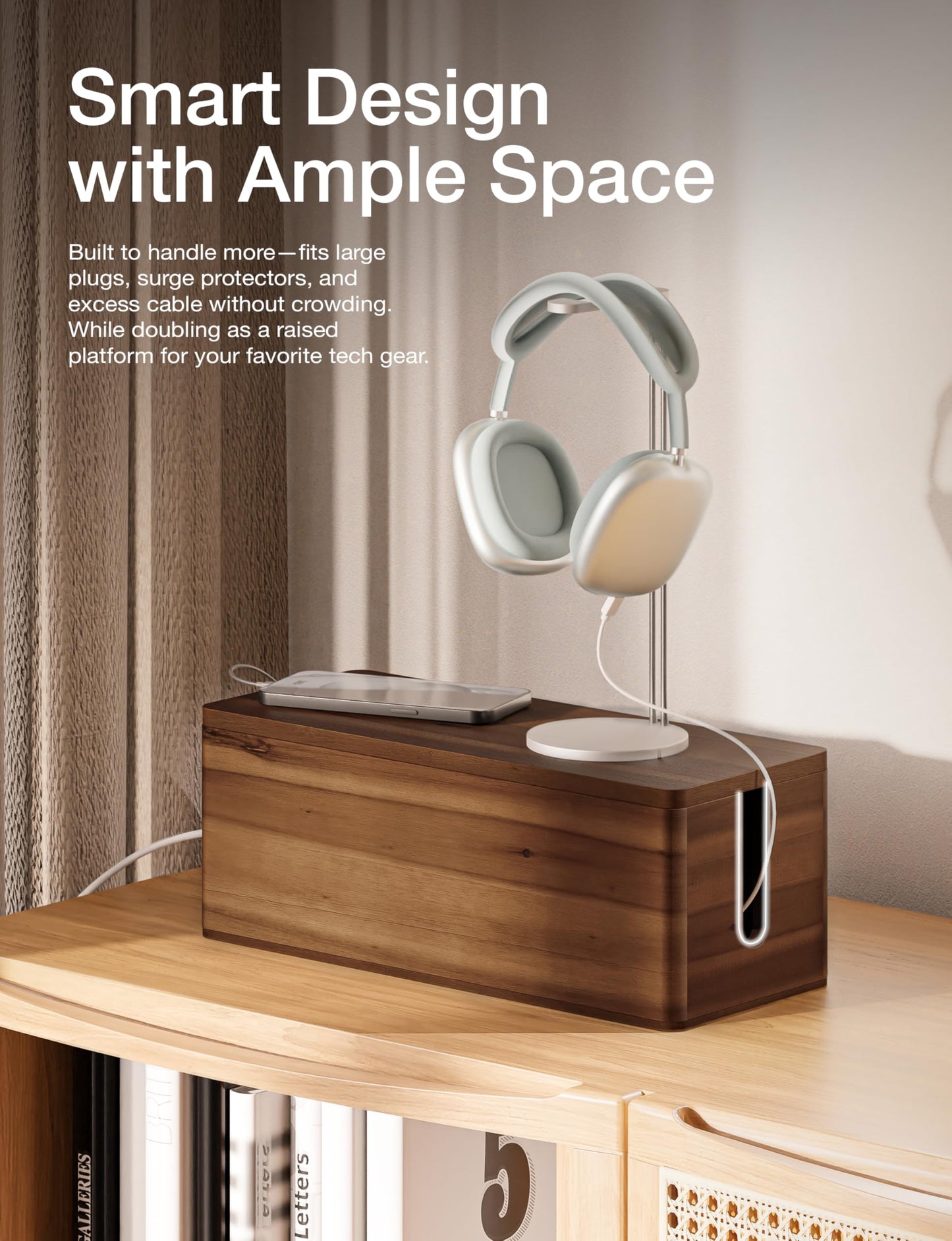 TIDITA 16" L Wooden Large Cable Management Box Round Edge (Walnut Color)