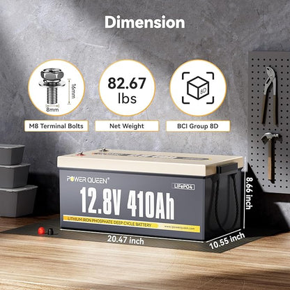 Power Queen 12.8V 410Ah LiFePO4 Battery, 5248Wh Energy Lithium Battery Built in 250A BMS,4000+ Cycle Times and 10-Year Lifetime,Ideal for Solar System,RV,Home Backup,Off-Grid