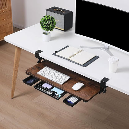 Keyboard Tray Under Desk with Drawer,26.77" X 11.81"Large Size Keyboard Tray with C Clamp-on Mount, Easy to Install, for Home Office (Mahogany)