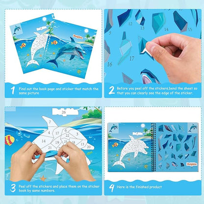homicozy 3PCS Sticker Paint Books for Kids Ages 4-10,Dinosaur Astronaut Ocean Animals Designs Paint by Stickers,Sticker by Numbers,Party Birthday Gifts for Boys 4-10,Create 30 Pictures at a Time