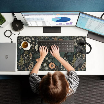 Dark Flower Desk Mat Floral Plants Mouse Pad, Aesthetic Wildflowers Large Gaming Mousepad Desk Pad, XXL Keyboard Mouse Mat Full Desktop Mat Women Office Desk Accessories Cover Mat 31.5"x15.75"