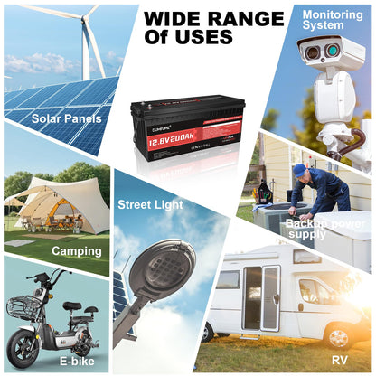 12V 200Ah LiFePO4 Lithium Battery,2560Wh Capacity,Built-in 200A BMS, 15000+ Cycles,10-Year Lifespan, Ideal for RV, Solar Energy Storage,and Off-Grid Camping