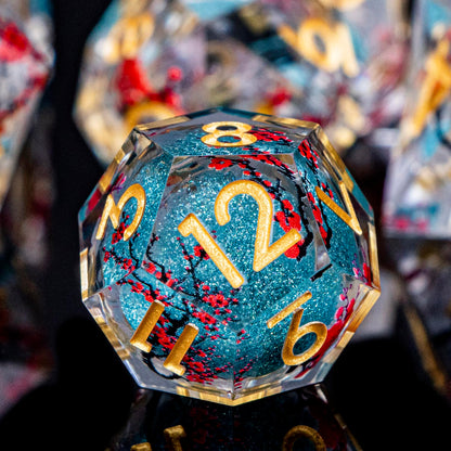 ORIFANTOU Plum Blossom DND Dice Blue Liquid Core Dice Set with Metal Box, Handmade Sharp Edge Dice D and D Polyhedral Dice for use with D&D RPG Role Playing Game ﻿