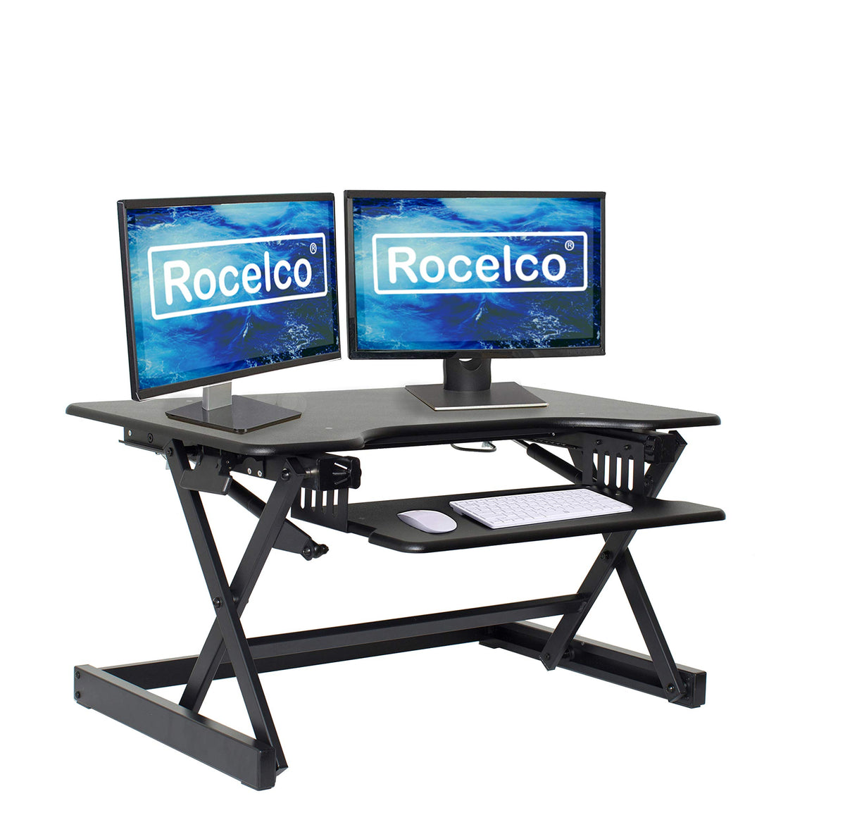 Rocelco 32" Height Adjustable Standing Desk Converter - Sit Stand Computer Workstation Riser - Dual Monitor Retractable Keyboard Tray Gas Spring Assist - Black (R EADRB2)