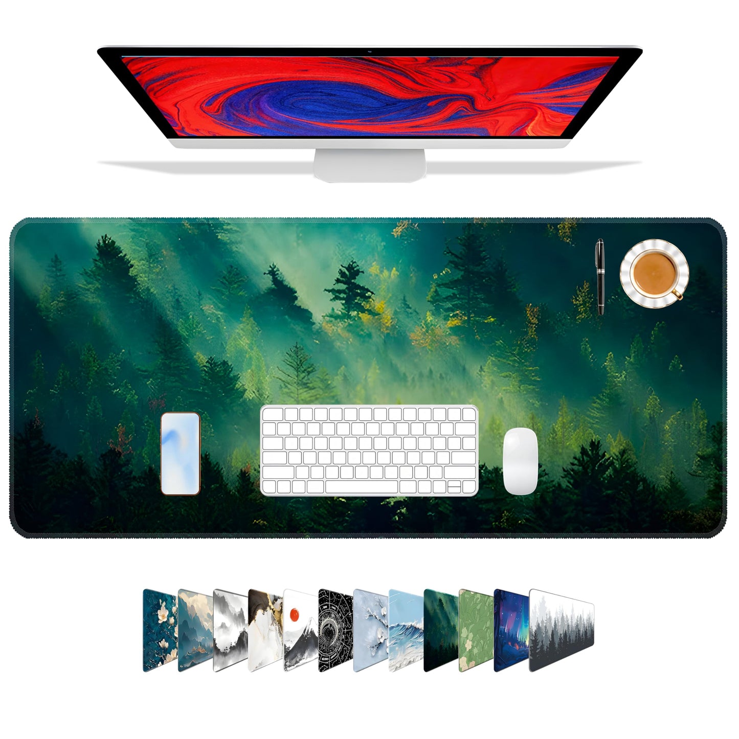 Galdas Mouse Pad,Office Desk Mat Large Gaming Keyboard Pad Durable Stitched Edges Washable Smooth Surface Control & Accuracy Extended Computer Mouse Mat (31.5X11.8In)-Green Forest…