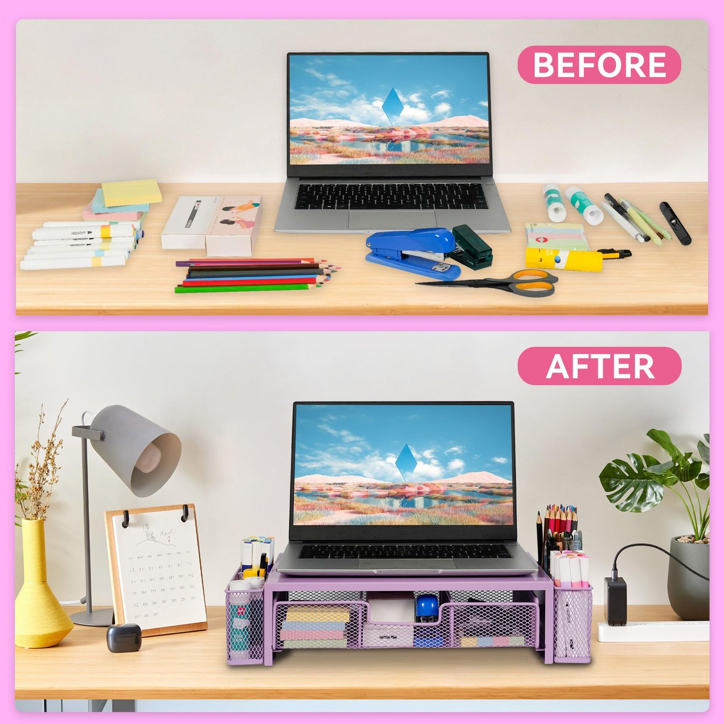 Qupui Computer Monitor Stand Riser with Drawer and Pen Holders, Desk Organizer Shelf and Accessories, Office Desk Accessories, Office Organization, Purple