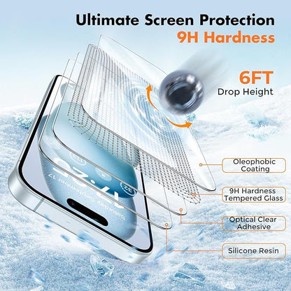 UNBREAKcable 3-Pack Screen Protector for iPhone 15, Double Shatterproof Tempered Glass [Easy Installation Frame] [9H Hardness] [99.99% HD Clear] [Case Friendly] for iPhone 6.1 inch