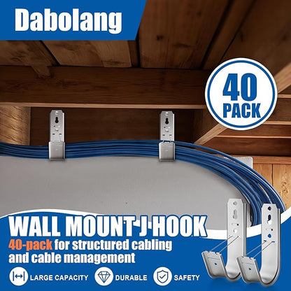 40 Pack J Cable Hook with Retainer Clip, 2-Inch Heavy Duty Wall Mount J-Hooks,J-Hook for Hanging Cable & Wire,Cable Hooks for Structured Cabling and Cable Management