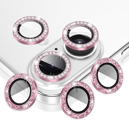 AGVEE 3+3 6 Pack for iPhone 16 6.1" / 16 Plus 6.7" Camera Lens Cover Protector, Bling Diamond & Bling Glitter Metal Ring 9H Tempered HD Glass Camera Cover Protector Film, Bling-Pink