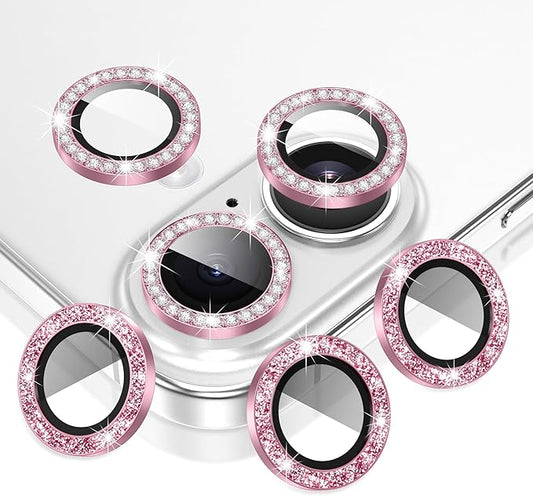 AGVEE 3+3 6 Pack for iPhone 16 6.1" / 16 Plus 6.7" Camera Lens Protector, Bling Diamond & Bling Glitter Metal Ring 9H Tempered HD Glass Camera Cover Film, Bling-Pink
