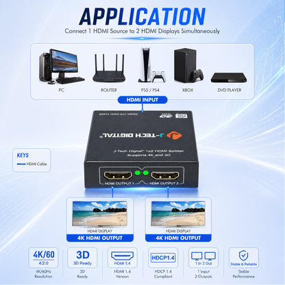 4K@60 HDMI Splitter 1 in 2 out 1X2 Powered Splitter for Dual Monitors by J-Tech Digital [JTD-MINI-1X2SP]