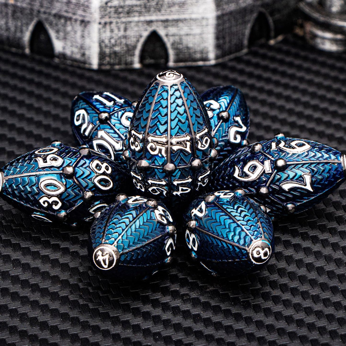 ARUOHHA DND Metal Dice Black Blue Dragons Egg Dice with Rotating Dragon Egg Shell, Compatible with D&D RPG Role Playing Game, Dungeons Polyhedral D and D Dice Set D20 D12 D10 D8 D6 D4