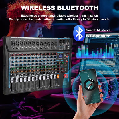 SIKUING 12 Channel Audio Interfacer Sound Board Mixer DJ Mixer 16-Bit DSP Effect USB Audio Mixer +48V Phantom Power Bluetooth Mixer for Karaoke Studio Streaming Recording,Live Streaming