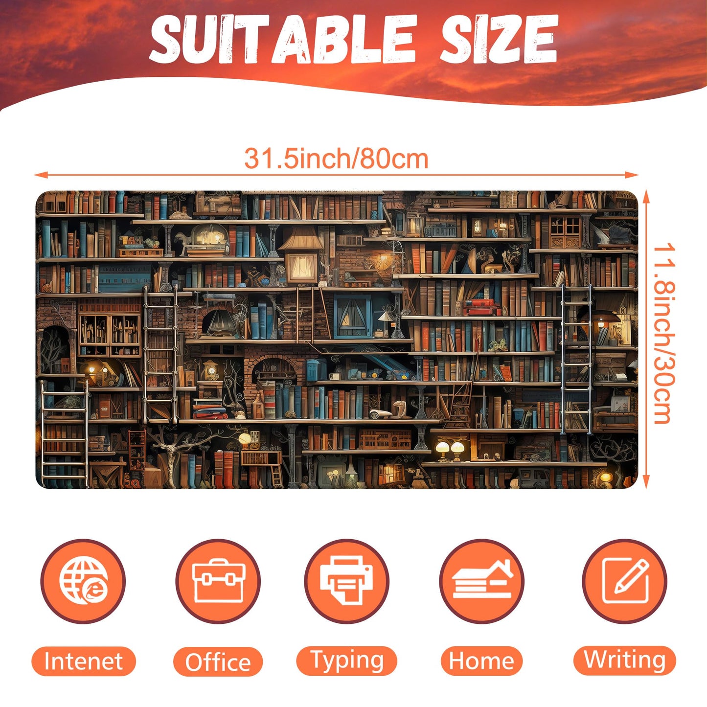 KOAIWPAE Desk Pad, Fantasy Shelves Desk Mat, Shelves Full of Books Large Gaming Mouse Pad for Desk, 31.5"x15.7" Extended Big Computer Keyboard Mouse Pad with Non-Slip Base and Stitched Edge