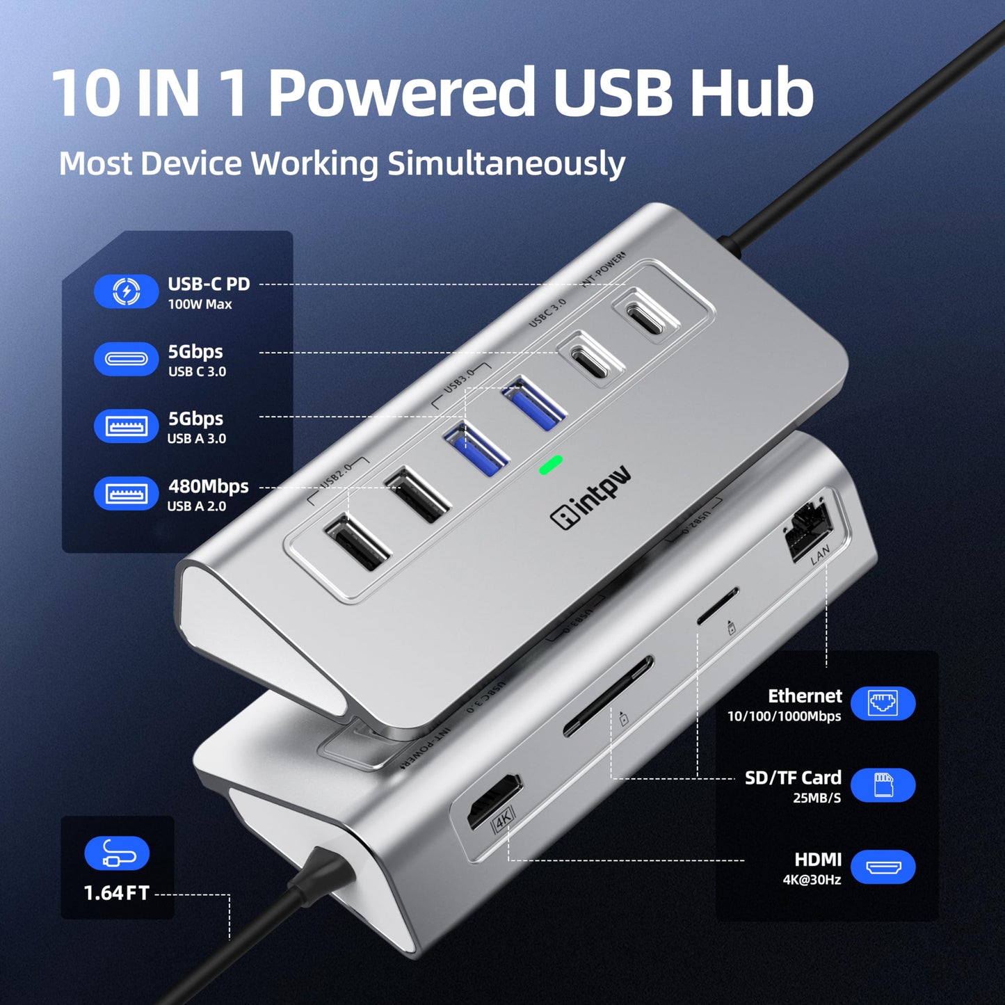 intpw 10-in-1 USB C Hub, P9R Powered USB Hub with 4K HDMI, 3 USB 3.0 5Gbps, PD 100W, 1Gbps Ethernet, SD/TF, Aluminum USB Hub for Laptop, MacBook Pro/Air, iPad Pro, iPhone 17, Dell, HP