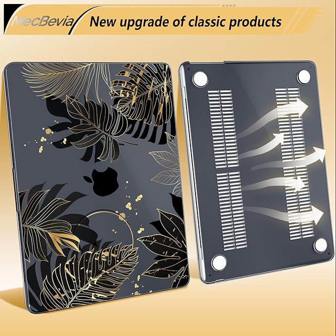 Compatible with MacBook Air 13.6 inch Case, M4 A3240/M3 A3113/M2 A2681 (Released 2025 to 2022), Hard Shell, Keyboard Cover, Screen Protector, Webcam Cover & Type-C Adapter, Gold Tropical Leaf