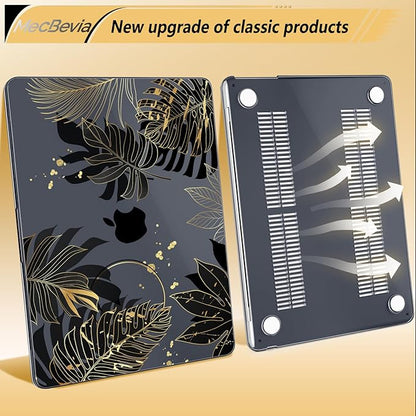 Compatible with MacBook Air 13.6 inch Case, M4 A3240/M3 A3113/M2 A2681 (Released 2025 to 2022), Hard Shell, Keyboard Cover, Screen Protector, Webcam Cover & Type-C Adapter, Gold Tropical Leaf