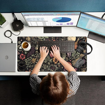 Desk Mat Botanical Witchery Mouse Pad Gaming Mat Dark Keyboard Mat, Long Mouse Mat XXL Extended Desktop Pad Computer Mats with Stitched Edges, Office Desk Accessory Home Decor 31.5" x 15.7"