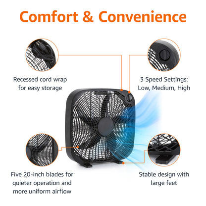 Amazon Basics 3-Speed Box Fan for Bedroom, Portable with Carry Handle, Powerful Airflow, 5 Blades, Lightweight Design, 67 Watts, 20-Inch, Black, 6.8"D x 20.86"W x 21.33"H