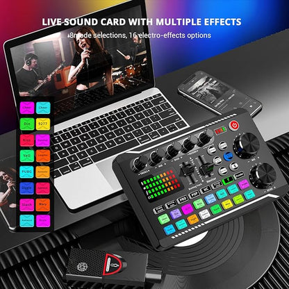 Facmogu F998 Live Sound Card Audio Mixer, Podcast Audio Interface with DJ Mixer Effects, Voice Changer with Sound Effects for PS4 PS5 Karaoke Tiktok YouTube Live Streaming Record Gaming