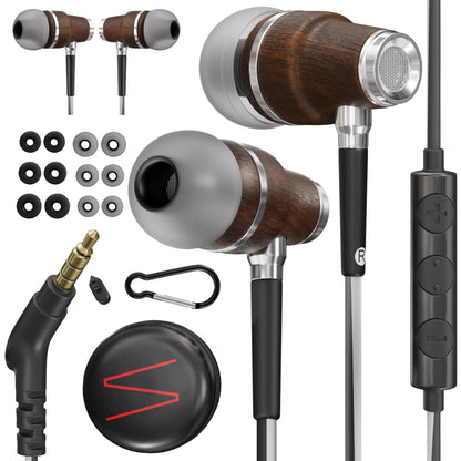 Symphonized Wired Earbuds 3.5mm Jack – Wooden Earphones with Mic & Volume Control, Plug In Ear Headphones Wire, Corded Ear Buds Wired Earbuds with Microphone for Computer, Laptop & Phone with Aux Cord
