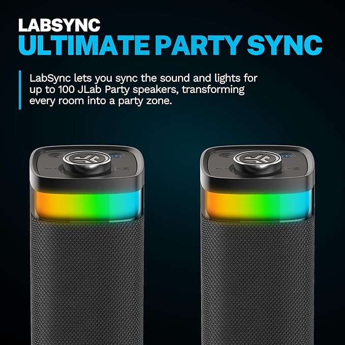 JLab JBuds Party Portable Bluetooth Speaker, 2 Full-Range Drivers + 2 Passive Woofers, IP56 Waterproof, 12 Hours Playtime, Connect Multiple Speakers, Custom Sound + RGB Lighting via App, Black