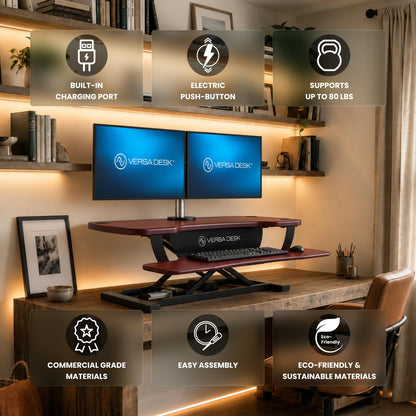 PowerPro 40 Inch Electric Standing Desk Converter – Push-Button Height Adjustable Sit to Stand Desk Riser for Triple Monitors & Laptop – Motorized Desktop Workstation with Wide Keyboard Tray
