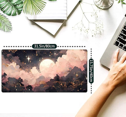 Pink Black Clouds Desk Mat XXL Large Extended Gaming Mouse Pad Celestial Mousepad with Stitched Edges, Office Desktop Decor Desk Pad Computer Mat, Laptop Keyboard and Mouse Mat, 31.5x15.75 in