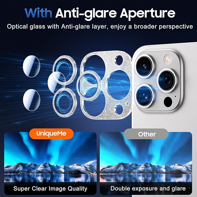 UniqueMe for 3 Pack iPhone 15 Pro/iPhone 15 Pro Max Camera Lens Protector, [Drop Protection] [Case Friendly] Camera Cover Screen [Update New Version] - Intergrated Glitter Silver
