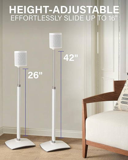 SANUS Adjustable Height Wireless Speaker Stands Designed for Sonos One, One SL, and Play:1 - Tool-Free Adjustment up to 16" and Built-in Cable Management (White)