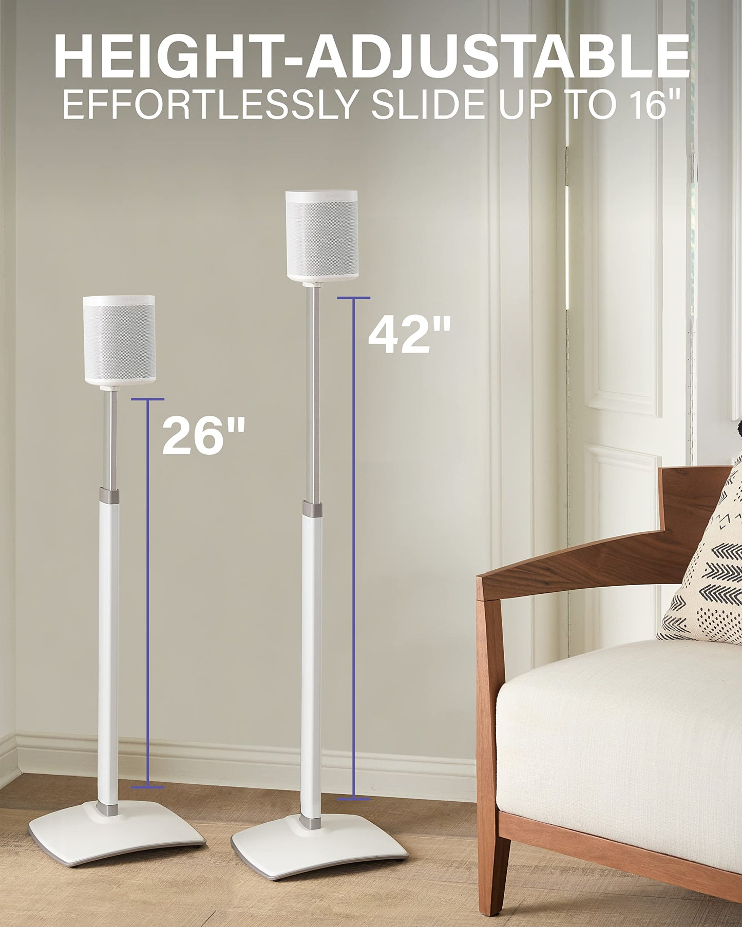 SANUS Adjustable Height Wireless Speaker Stands Designed for Sonos One, One SL, and Play:1 - Tool-Free Adjustment up to 16" and Built-in Cable Management (White)
