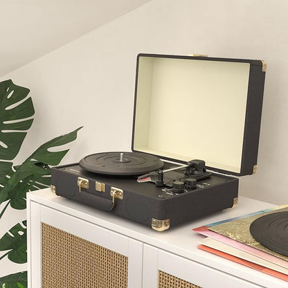 Amazon Basics Portable Suitcase Vinyl Turntable Record Player with Built-in Speakers and Bluetooth, Supports 3-Speed, Black