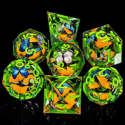 Butterfly DND Dice Green Liquid Core Dice Set with Metal Box, Handmade Sharp Edge D and D Polyhedral Dice for use with D&D Role Playing Game, D20 D12 D10 D8 D6