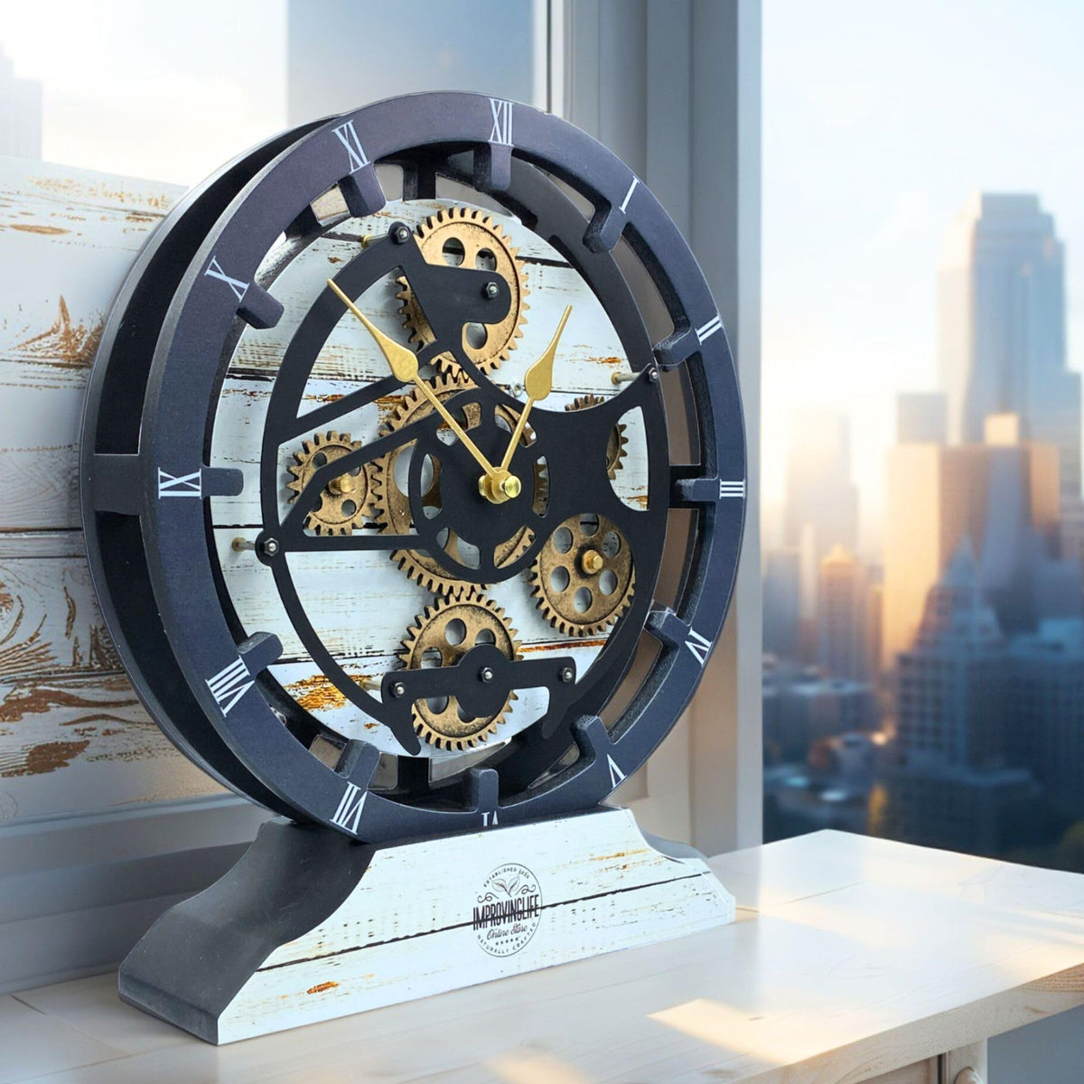 ImprovingLife The Gears Clock Desk Clock 10 inches with Real Moving Gears Convertible into Wall Clock (Silver Glamour)