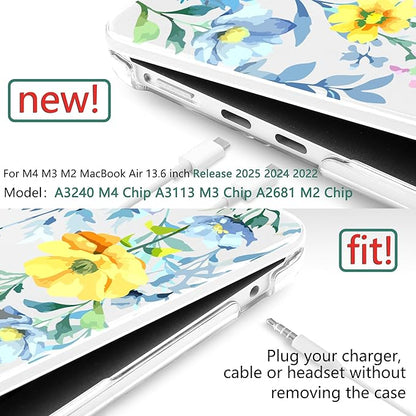 TWOLSKOO Compatible with M4 MacBook Air 13.6 inch Case 2025-2022 Release M4 A3240 M3 A3113 M2 A2681, Plastic Hard Shell & Keyboard Cover & Type C Adapter & Screen Protector, Blue Flowers