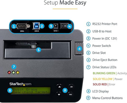 StarTech.com Single Bay Hard Drive Eraser, Standalone HDD/SSD Disk Wiper/Sanitizer, 4Kn, USB 3.0 to SATA III, 9 Erase Modes, LCD, RS232 Printer Port, Hardware Erasing Tool, TAA Compliant (SDOCK1EU3P2)