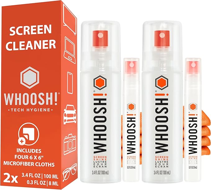 WHOOSH! Laptop Screen Cleaner Spray and Wipe [Set of 2] - 3.4 + 0.3 fl oz + 2 Microfiber Cloths - Duo with Large & Travel Size Bottles for Eyeglass Cleaner & Car Screen Cleaner- iPhone Cleaning Kit