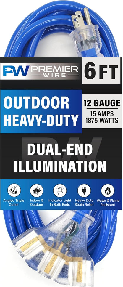 6 ft - 12 Gauge Heavy Duty Extension Cord - Lighted on Both Ends - SJTW Blue - Outdoor Extension_Cord Waterproof 6 ft by Premier Wire - 15 Amp ExtensionCord (6 Foot 12-Awg Power Cord Blue)